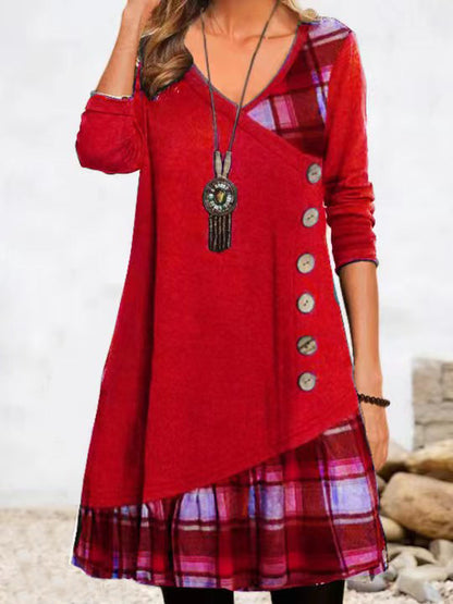 Women's Plaid Patchwork V-Neck Button Long Sleeve Dress