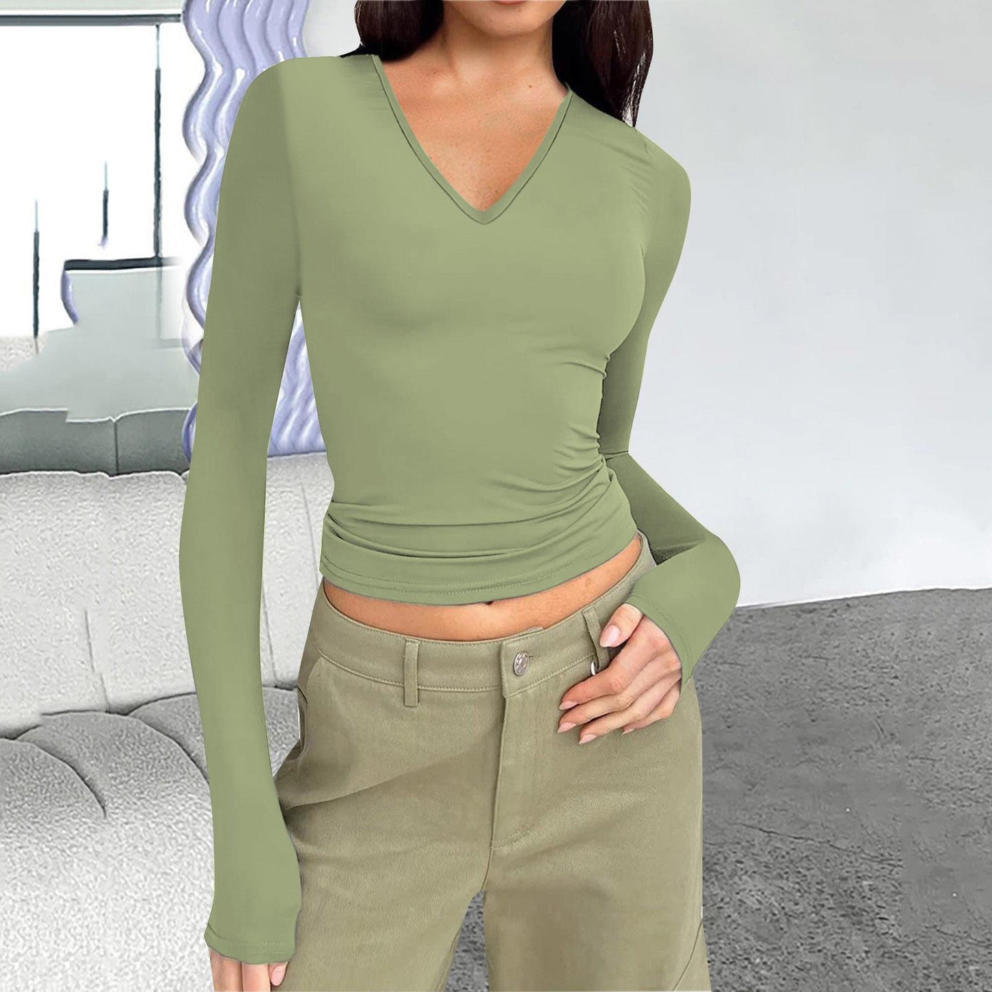 Women's V-Neck Long Sleeve Slim Fit Basic Top