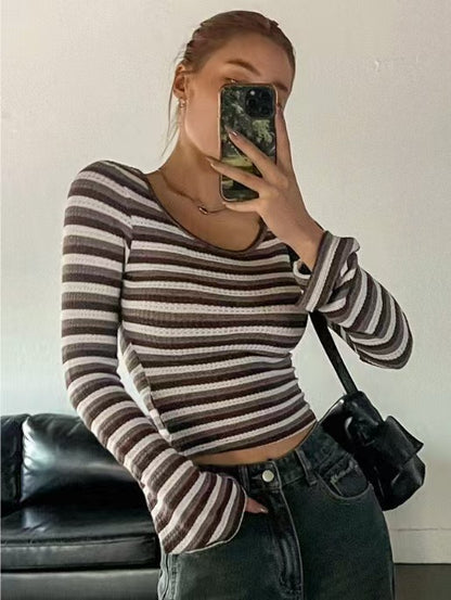 Y2K Striped Fitted Long Sleeve Crop Top T-Shirt