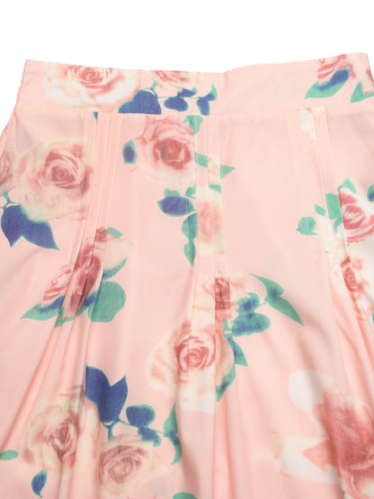 Pink Floral Two Piece Set Padded Shoulder Top Midi Skirt