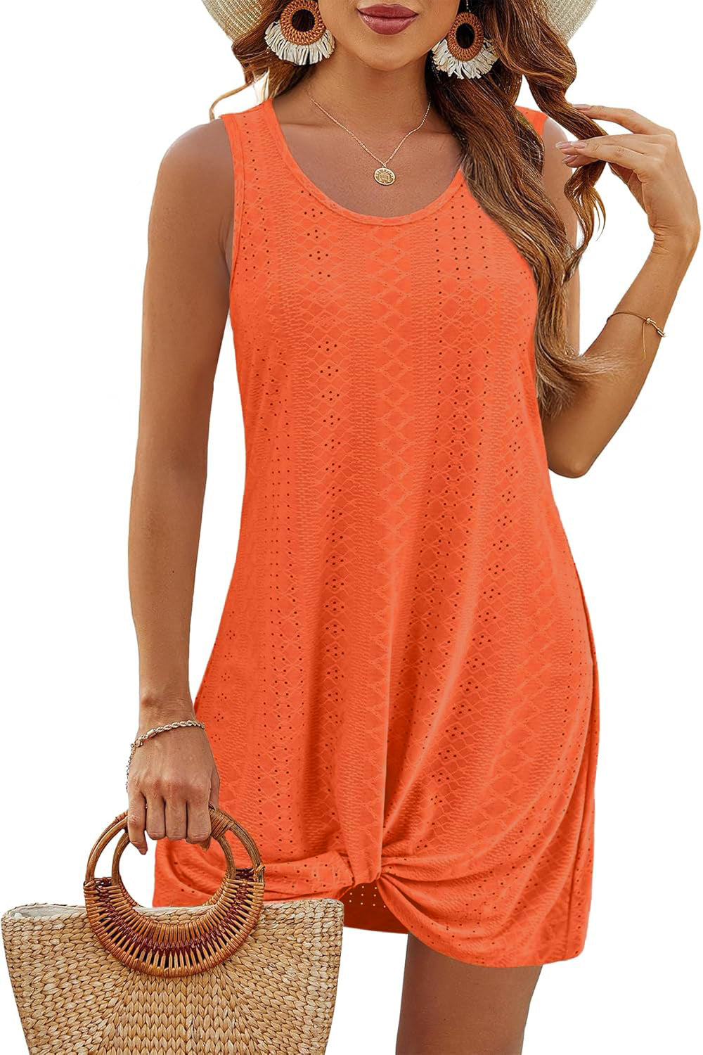 Summer Hollow Out Vacation Tank Dress with Knot Detail