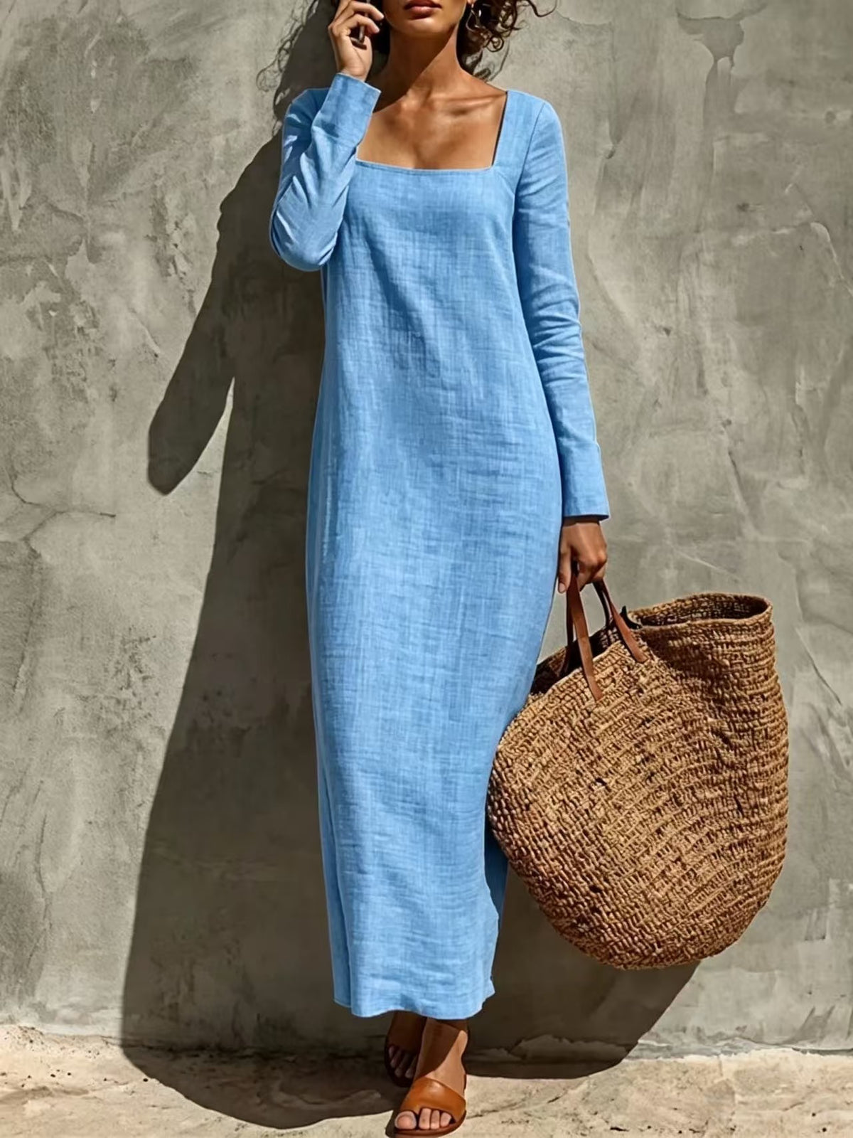 Women's Square Neck Long Sleeve Straight Maxi Dress Casual