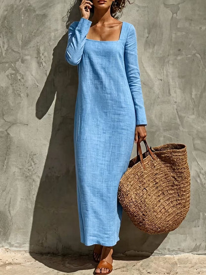 Women's Square Neck Long Sleeve Straight Maxi Dress Casual