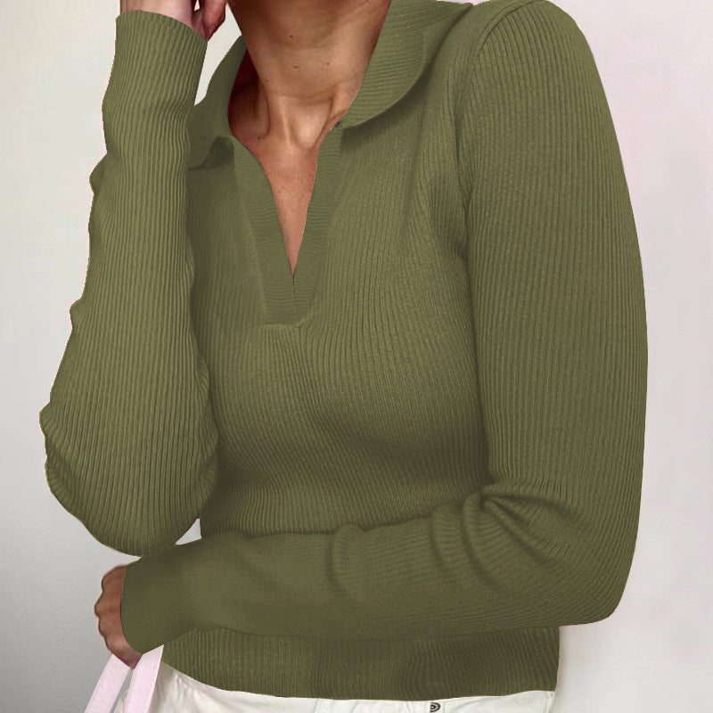 Women's Ribbed Collared V-Neck Long Sleeve Fitted Top