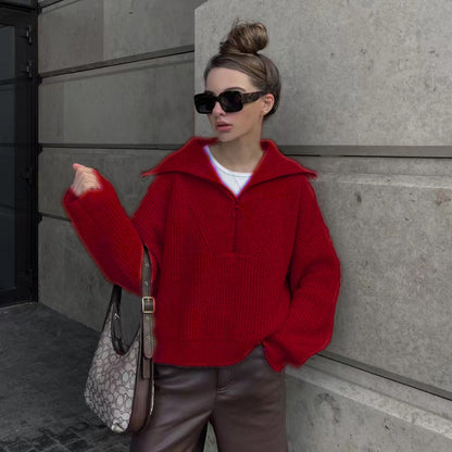 Women's Oversized Half Zip Collared Knit Sweater Pullover