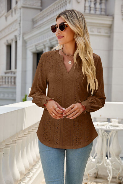 Women's Eyelet V-Neck Long Sleeve Ruffle Cuff Loose Blouse