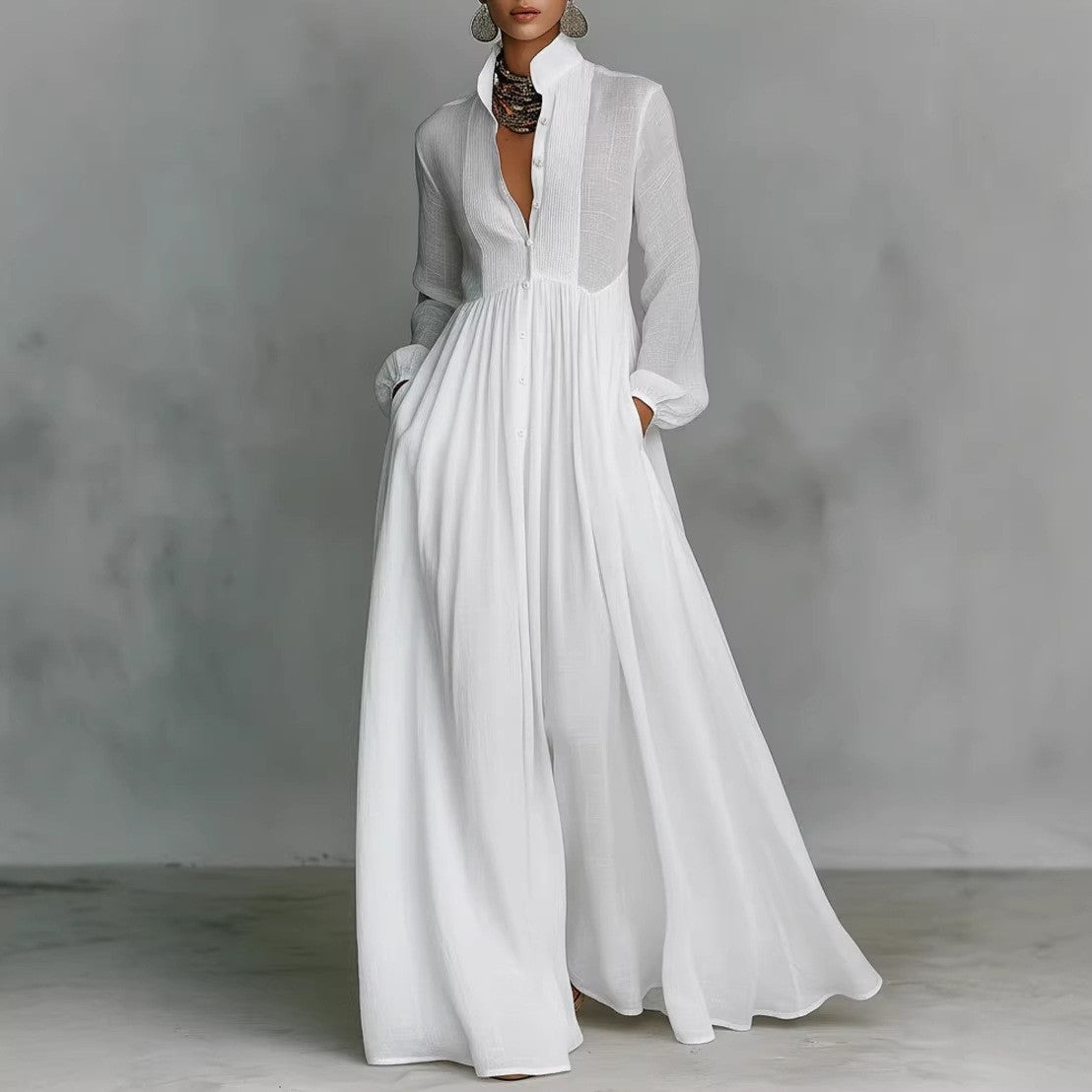 Elegant Vintage Maxi Dress Long Sleeve A-Line Button Down