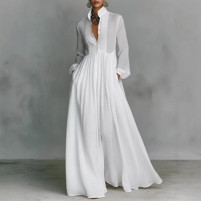 Elegant Vintage Maxi Dress Long Sleeve A-Line Button Down