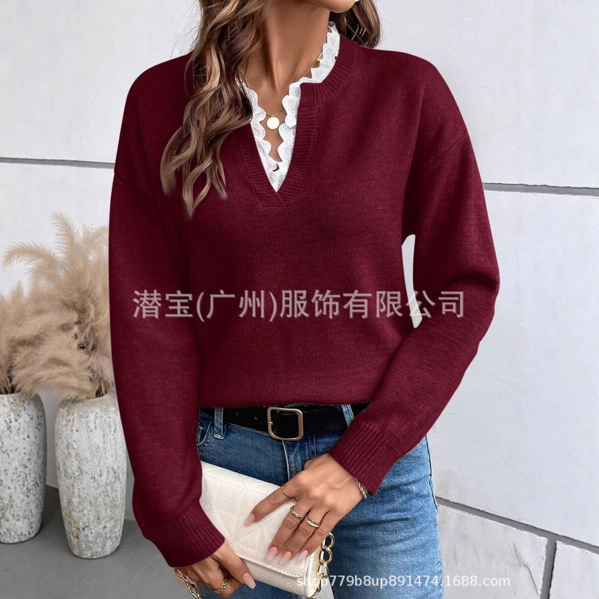 Women's Lace V-Neck Oversized Long Sleeve Knit Sweater