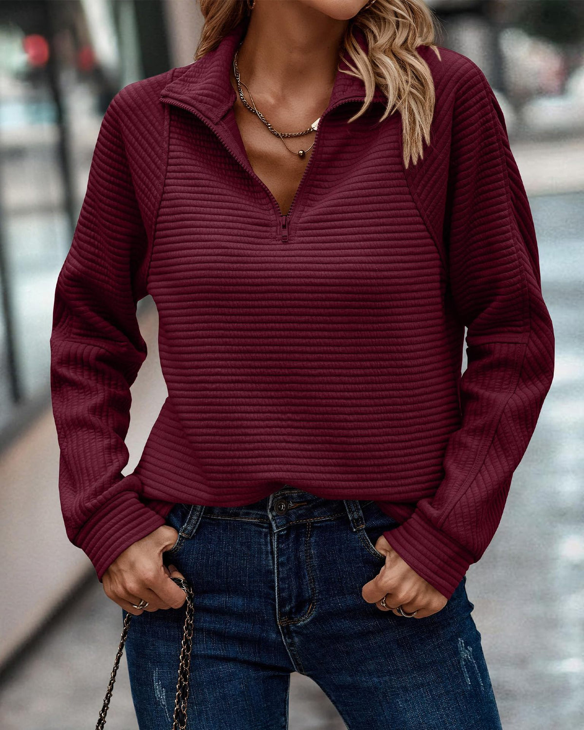 Women's Quarter Zip Ribbed Pullover Sweatshirt