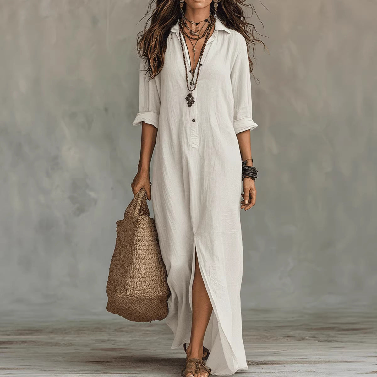 Women's Casual Collared Maxi Shirt Dress Front Slit