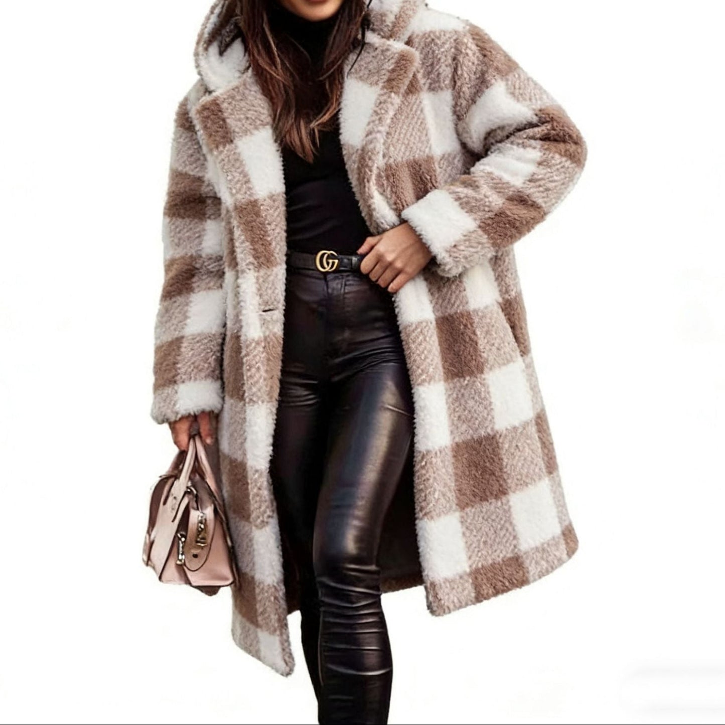 Women's Plaid Teddy Long Hooded Coat Winter Warm