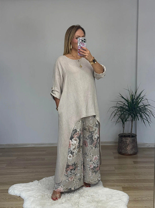 Women's Linen Asymmetric Top Floral Wide Leg Pants Set