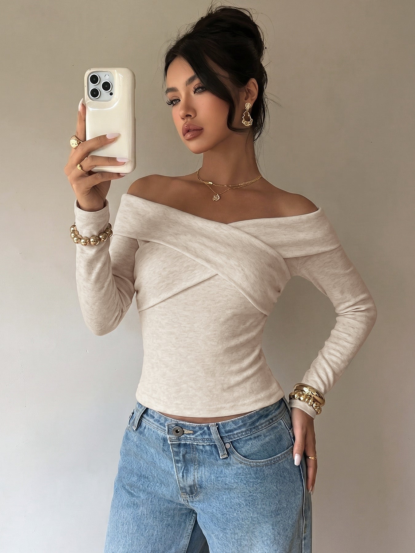 Off Shoulder Wrap Top Long Sleeve Fitted Knit