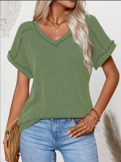 Women's V Neck Short Sleeve Ribbed Loose Casual T-Shirt