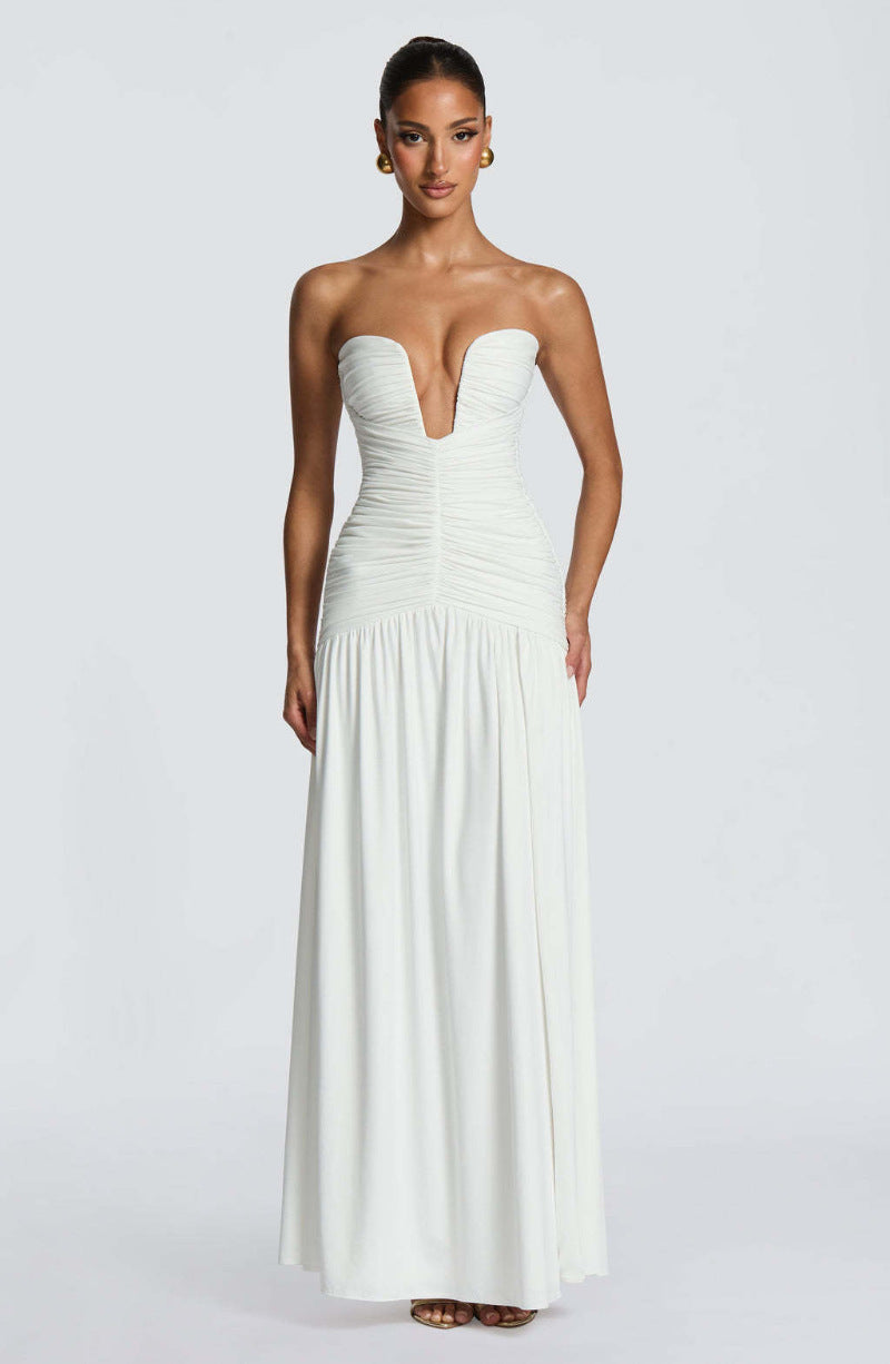 Strapless V-Neck Ruched High Slit Formal Maxi Dress