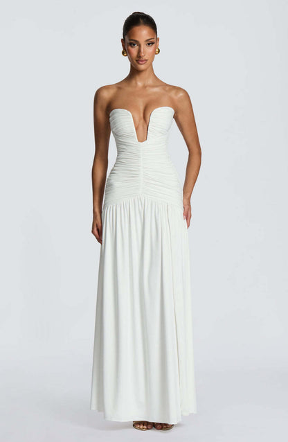 Strapless V-Neck Ruched High Slit Formal Maxi Dress