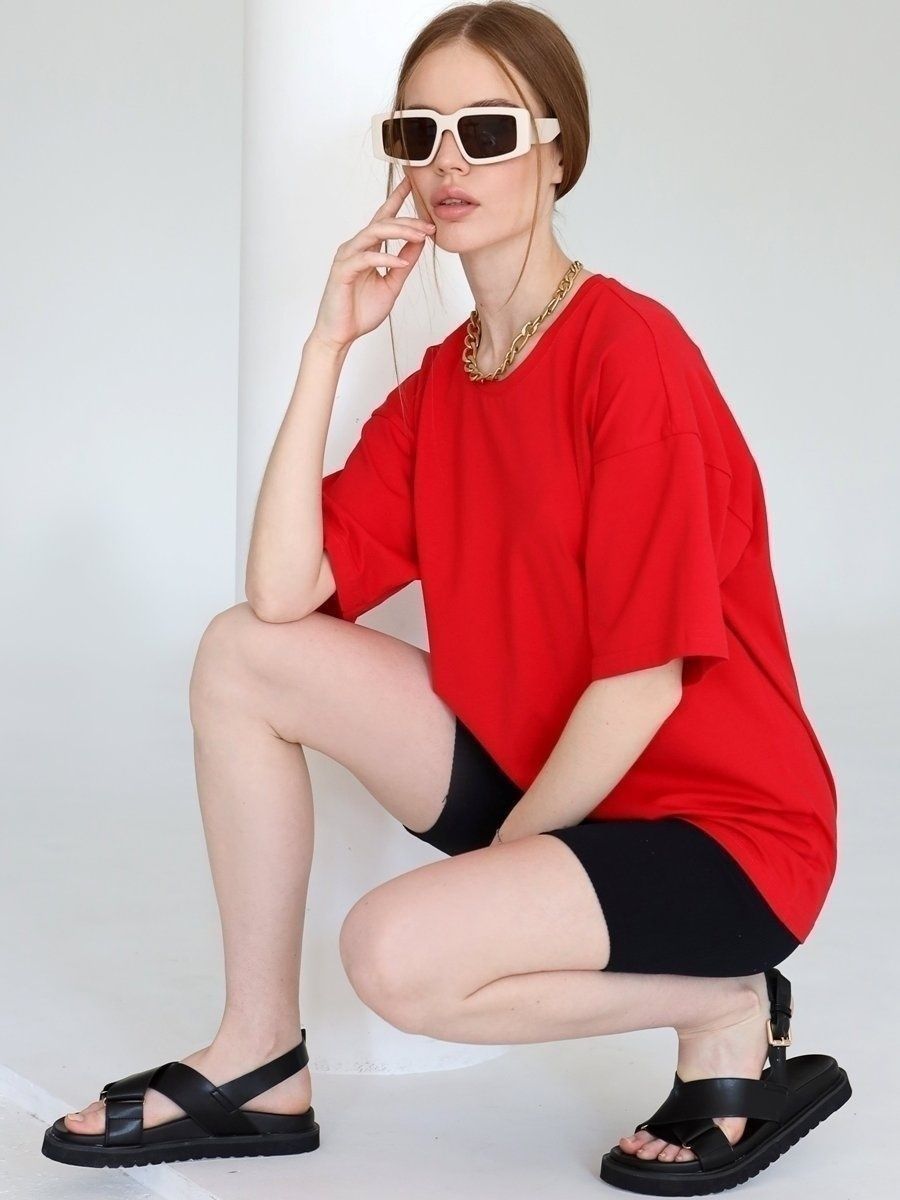 Solid Cotton T Shirt Loose Fit Crewneck Casual Top