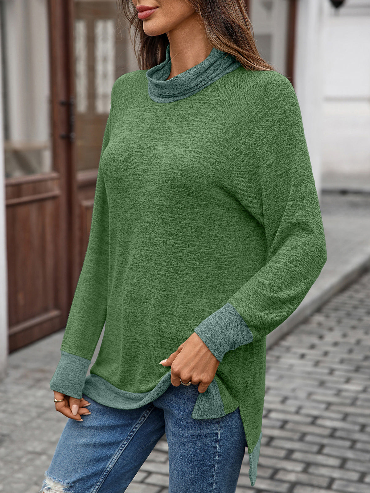 Women's Color Block Cowl Neck Long Sleeve Tunic Top
