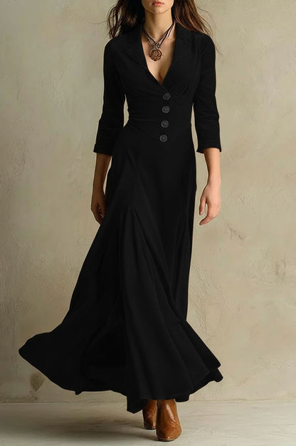Collared Button Maxi Dress 3/4 Sleeve High Waist Flared
