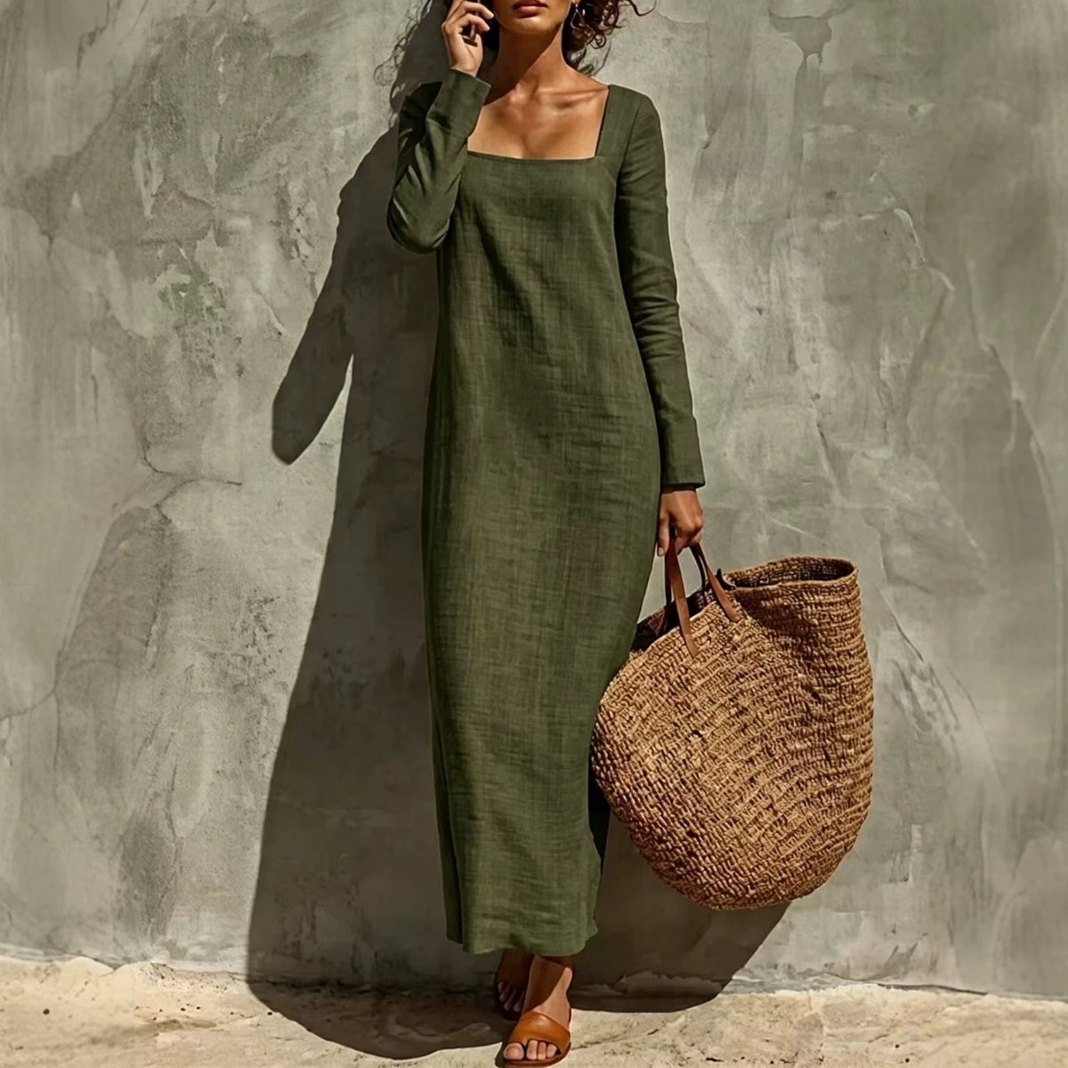 Women's Square Neck Long Sleeve Straight Maxi Dress Casual
