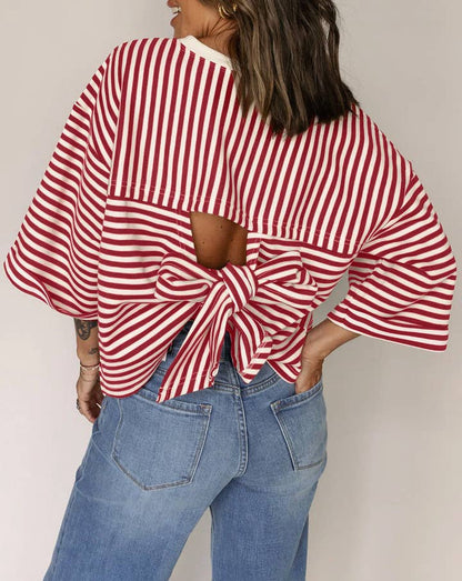 Blue Striped Knit Back Bow Open Back Top Women