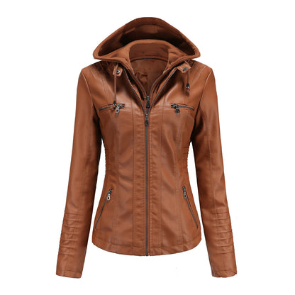Women's Faux Leather Moto Jacket Removable Hood Plus Size