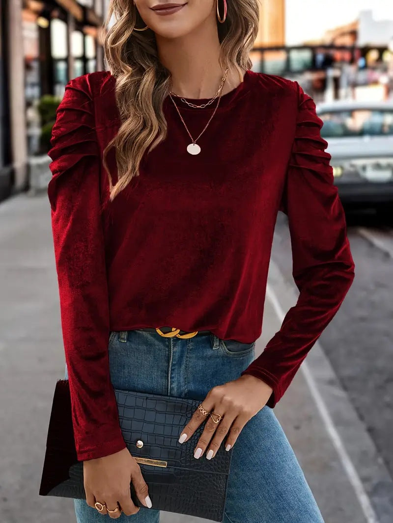 Women's Velvet Ruched Puff Sleeve Crew Neck Top