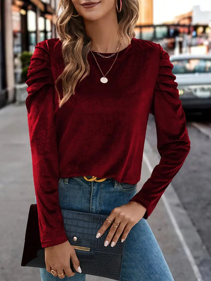Women's Velvet Ruched Puff Sleeve Crew Neck Top