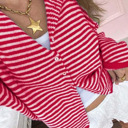 Women's Striped Knit Cardigan Long Sleeve Sweater