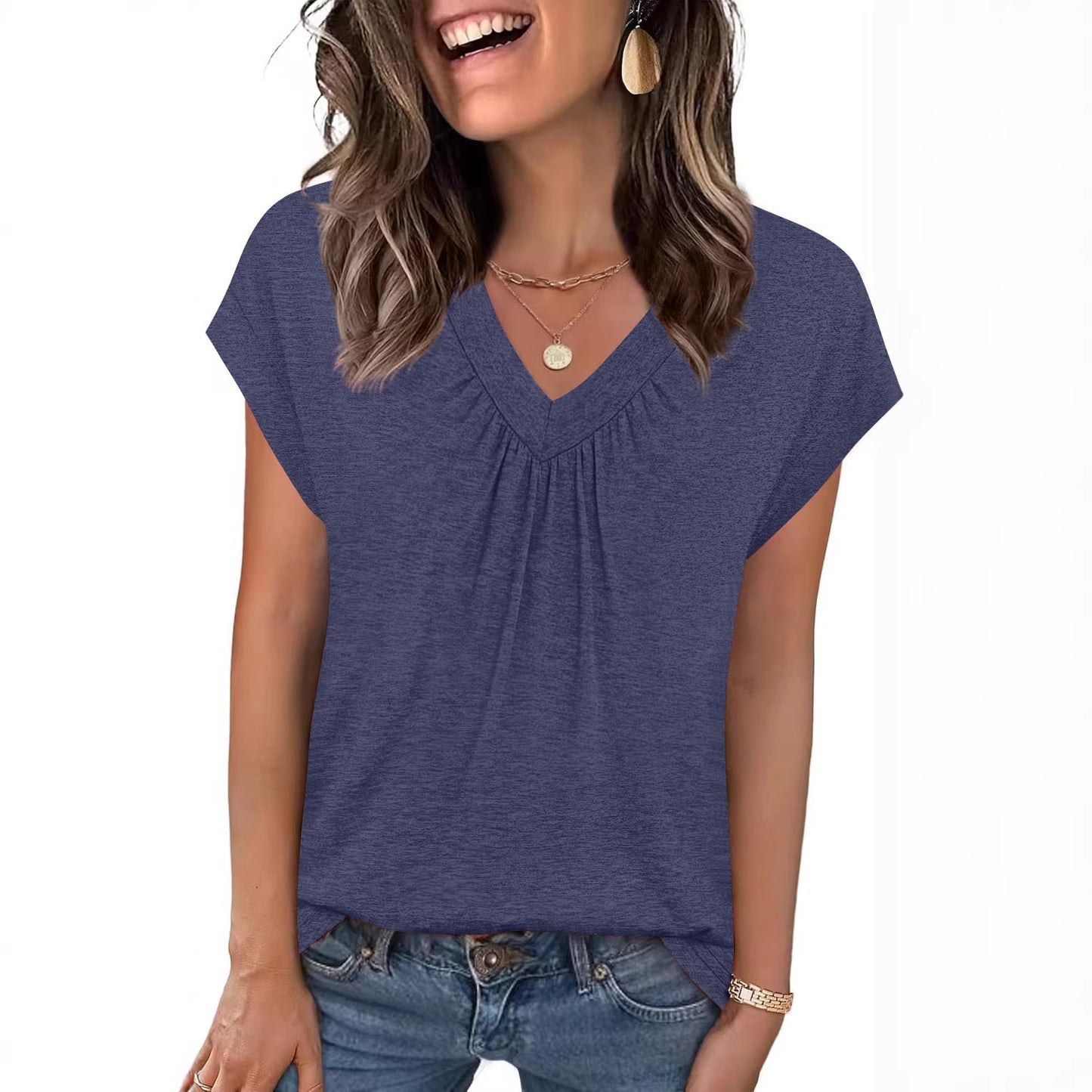 V-Neck Loose Fit Top – Casual Summer Short Sleeve Tee