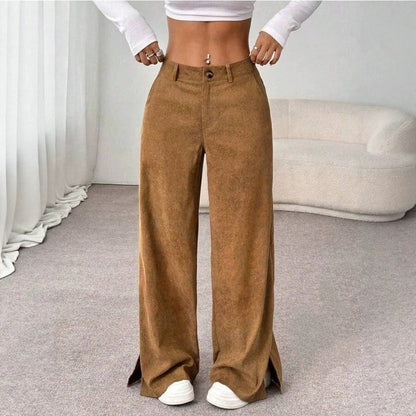 Women's Corduroy Wide Leg Pants Split Hem Casual Trousers