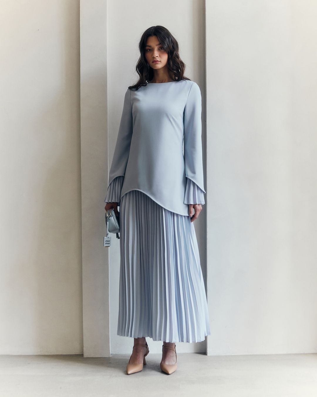 Women's Pleated Maxi Skirt Set Bell Sleeve