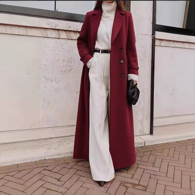 Women's Long Wool Coat Button Front Winter Outerwear