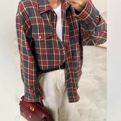 Oversized Plaid Button Down Shirt Long Sleeve Pocket