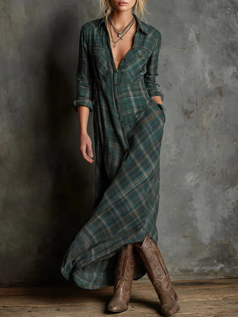Long Sleeve Plaid Maxi Shirt Dress Button Down