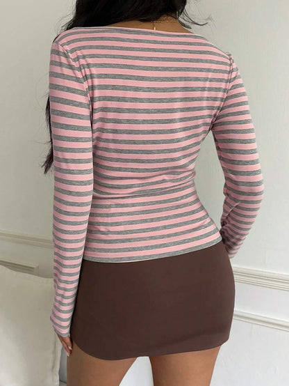 Striped Cotton Blend Long Sleeve Fitted Casual Tee