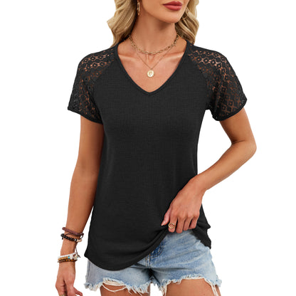 Boho V Neck Lace Sleeve Top Solid Knit Casual Blouse