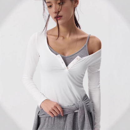 Women's Scoop Neck Long Sleeve Button Front Fitted Modal Tee