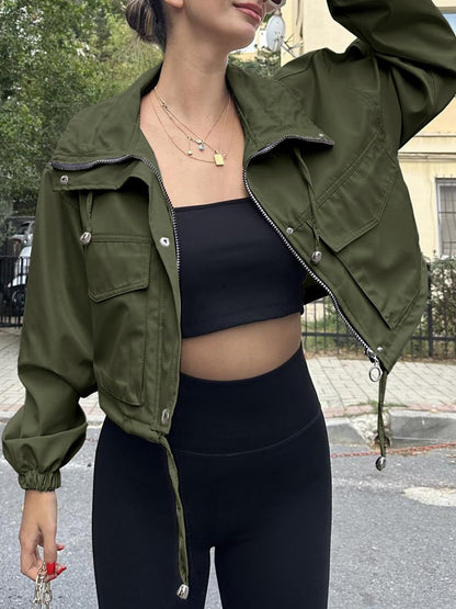Women's Oversized Zip Up Cropped Jacket Pockets
