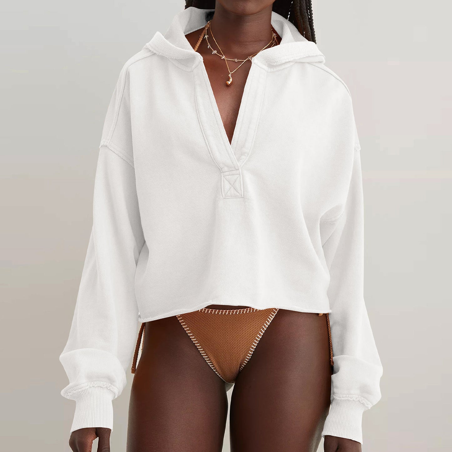 Women's Oversized Cropped Hoodie V-Neck Pullover