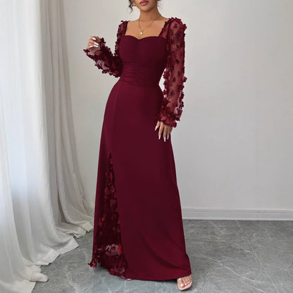 Floral Mesh Puff Sleeve Square Neck Maxi Dress