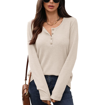 Women's Waffle Knit Henley Long Sleeve Loose Tunic Top