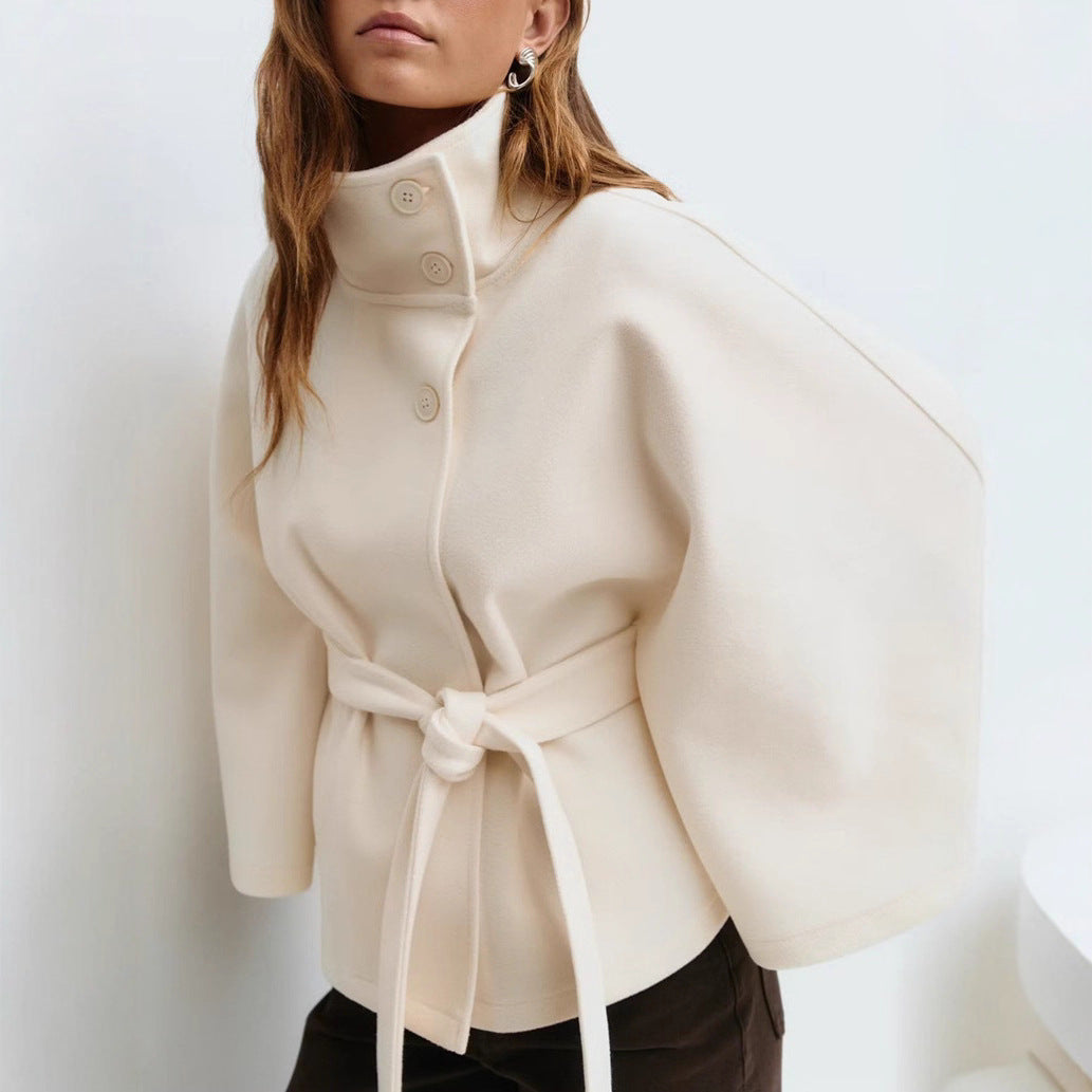Women's Belted Cape Coat Mock Neck Button Front Jacket