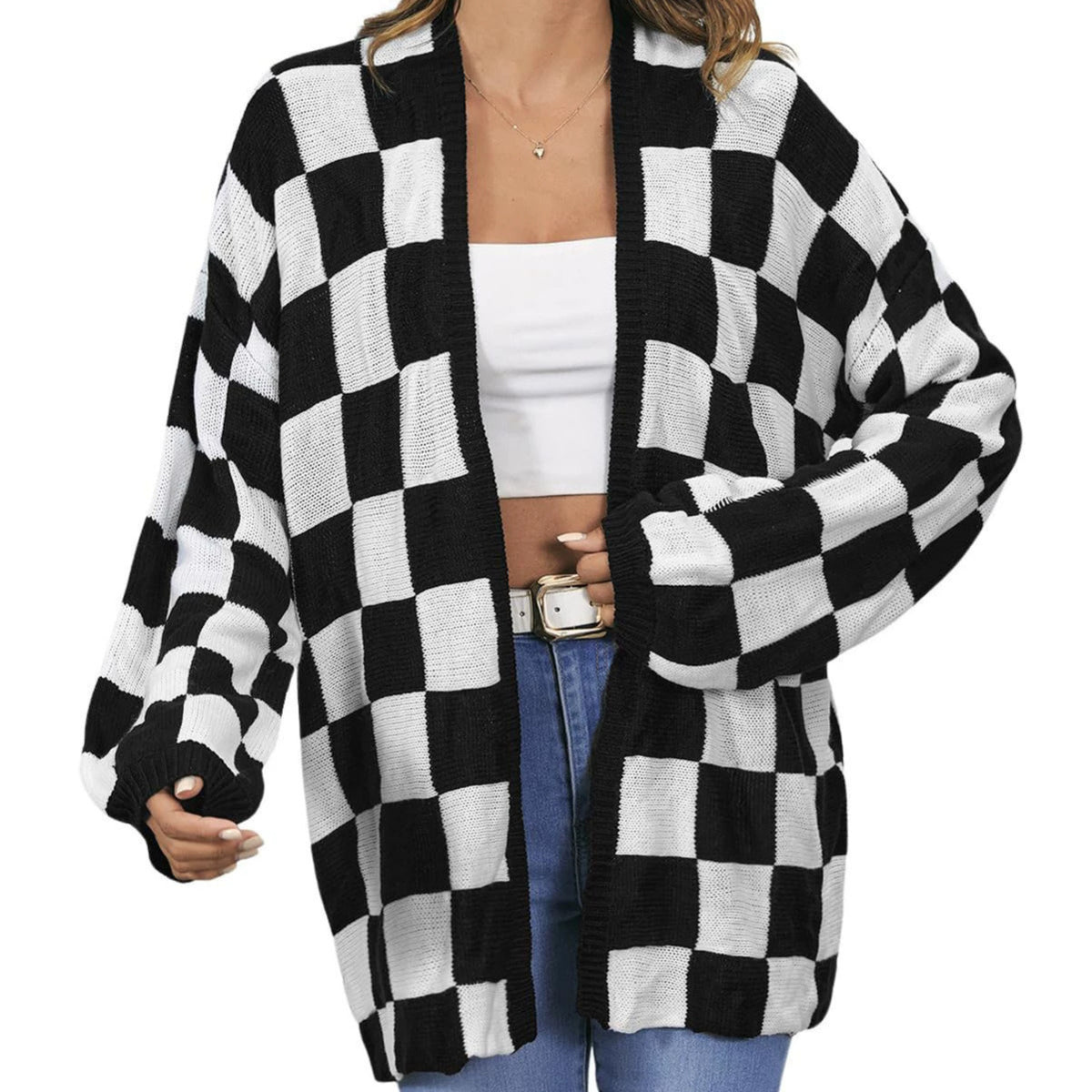 Women's Oversized Checkered Open Front Knit Cardigan