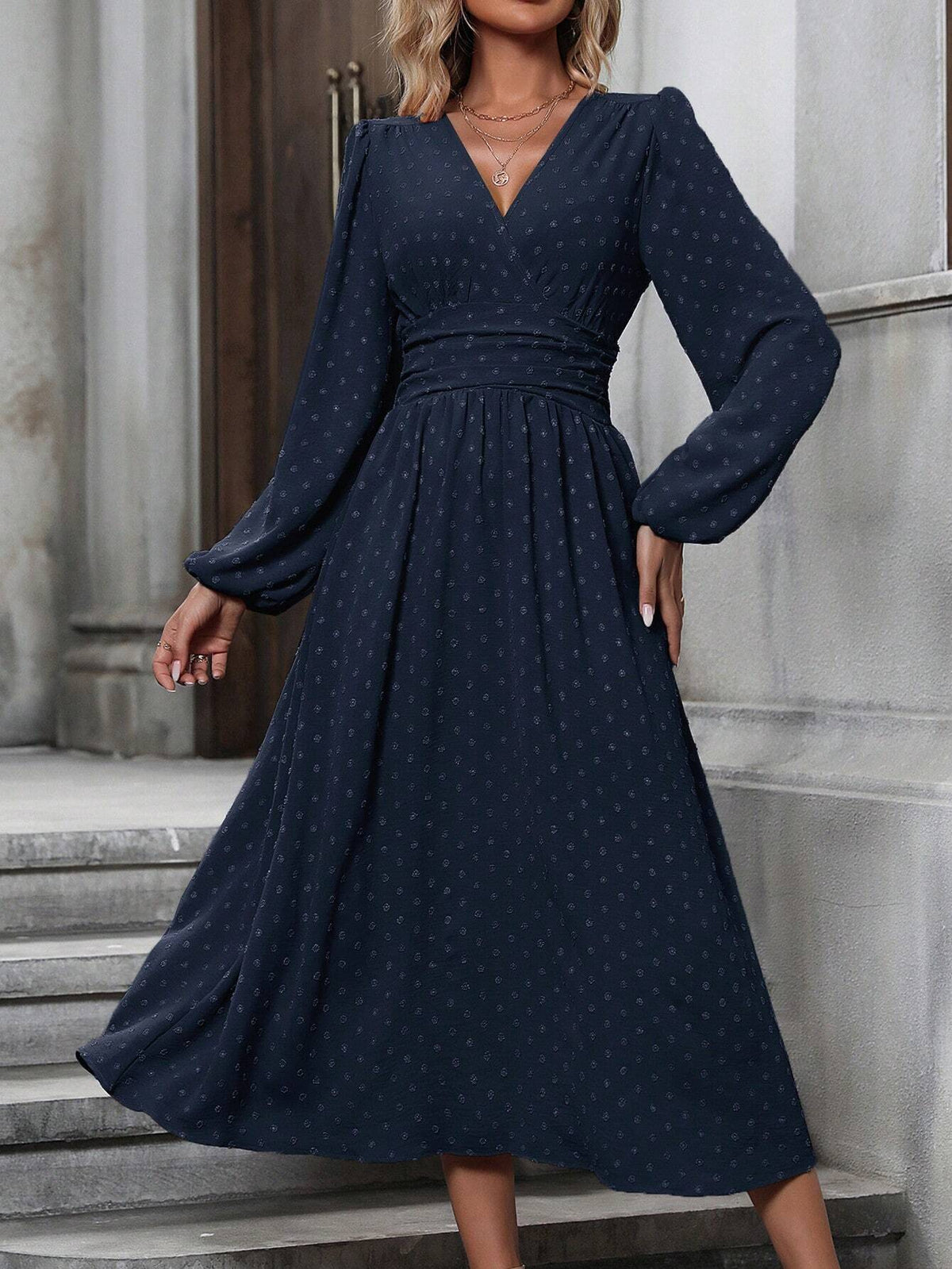 Women's V-Neck Lantern Sleeve Smocked Waist Midi Dress