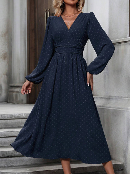 Women's V-Neck Lantern Sleeve Smocked Waist Midi Dress