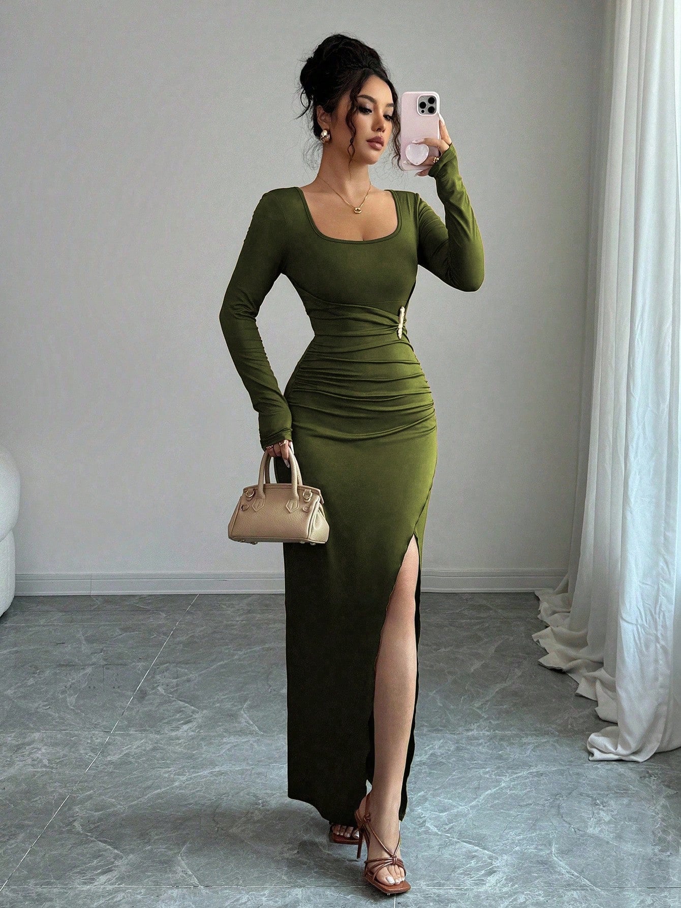 Square Neck Ruched Bodycon Maxi Dress with Side Slit