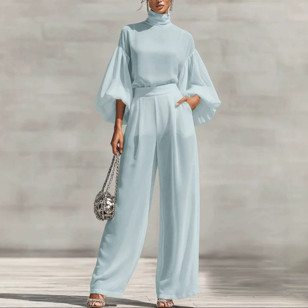 Women's Lantern Sleeve Blouse Wide Leg Pants Two Piece Set