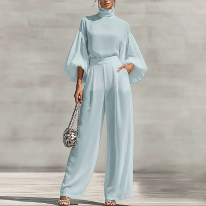 Women's Lantern Sleeve Blouse Wide Leg Pants Two Piece Set